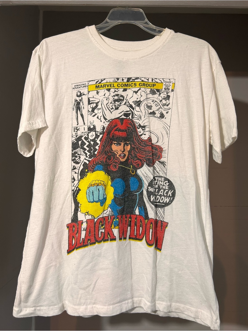 Marvel Black Widow Graphic Tee in White with Red, Blue & Yellow Print